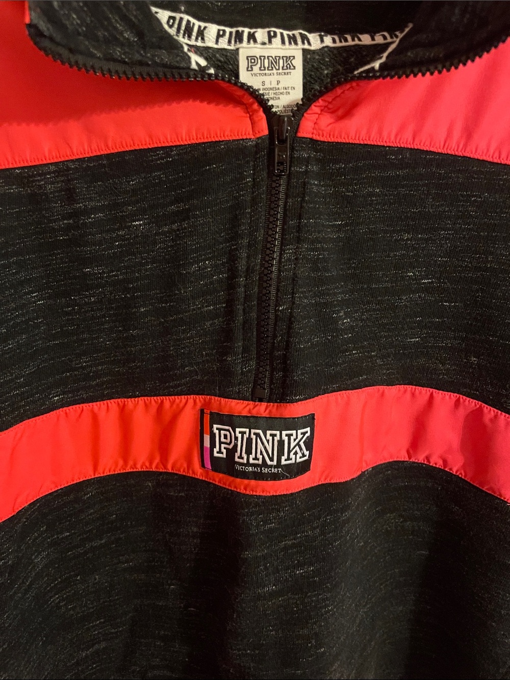 PINK Victoria's Secret Black Heather Pullover Hoodie with Bright Pink Panels - Picture 2 of 7